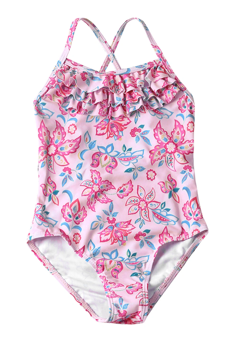 Pink Paisley Print Little Girl Maillot Swimsuit with Ruffle