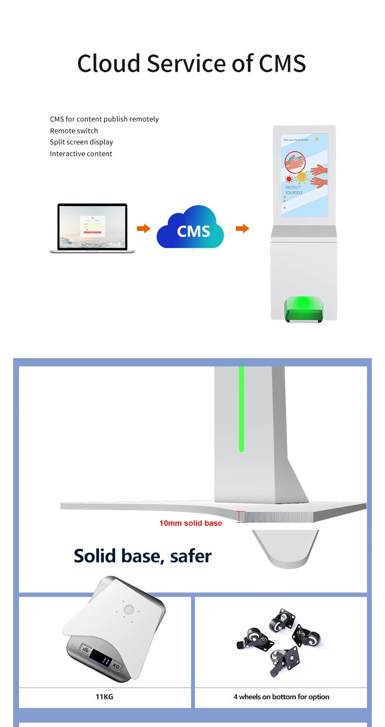 21.5 Inch Floor Standing Gel Dispenser Hand Desinfection Machine LCD Digital Signage Kiosk Media Player and Display Advertising Players