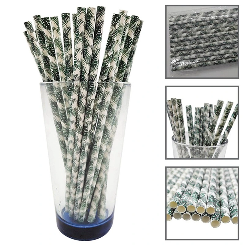 Disposable Kraft Paper Straws Eco-Friendly Green Leaves Pattern Drinking Straws for Party Decor Drinkware Supplies