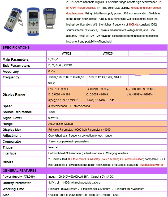 Handheld Lcr Digital Electrical Bridge Impedance Measurement Test At825