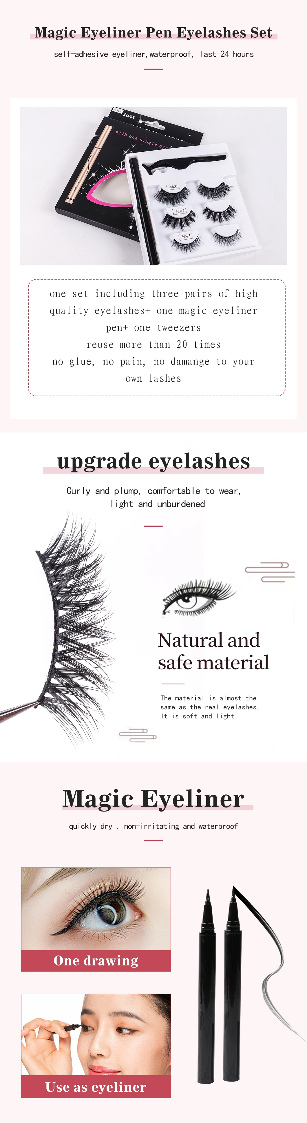 Magic Glue Free Eyeliner Pen 3 Pairs 3D Mink False Eyelash Adhesive Eyeliner Eyelashes