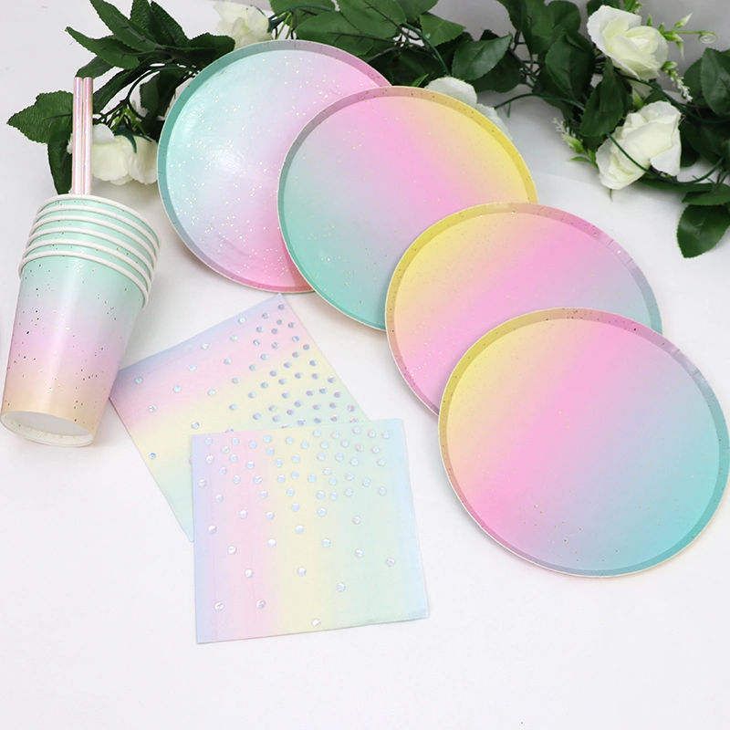 Disposable Eco-Friendly Tableware Sets Paper Plates/Cups/Napkins/Straws Iridescent Wedding Birthday Party Rainbow Set Tableware