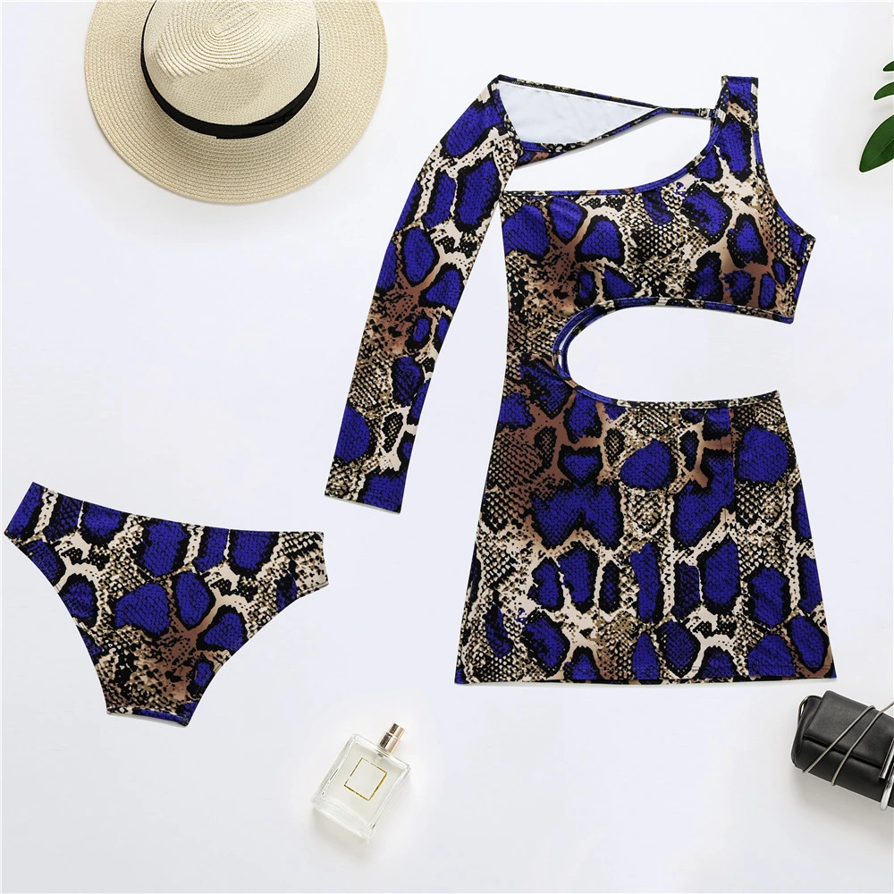 Brazilian Swimwear Bathing Suit One Shoulder Long Sleeve Swim Skirt Short Beach Dress