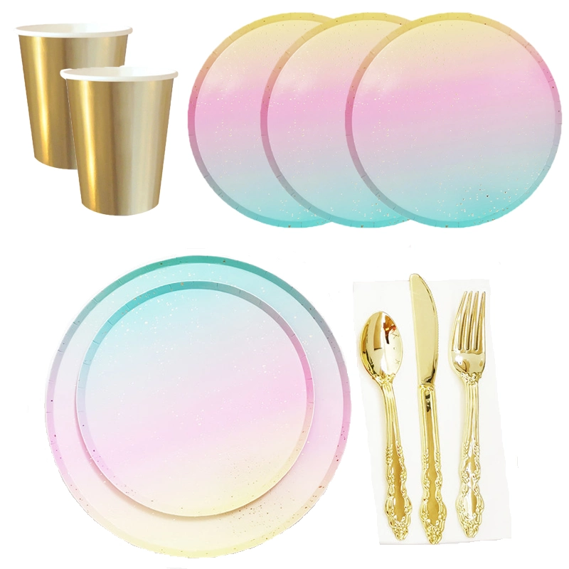 Disposable Eco-Friendly Tableware Sets Paper Plates/Cups/Napkins/Straws Iridescent Wedding Birthday Party Rainbow Set Tableware