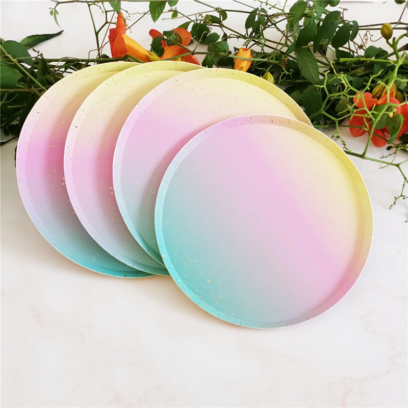 Disposable Eco-Friendly Tableware Sets Paper Plates/Cups/Napkins/Straws Iridescent Wedding Birthday Party Rainbow Set Tableware