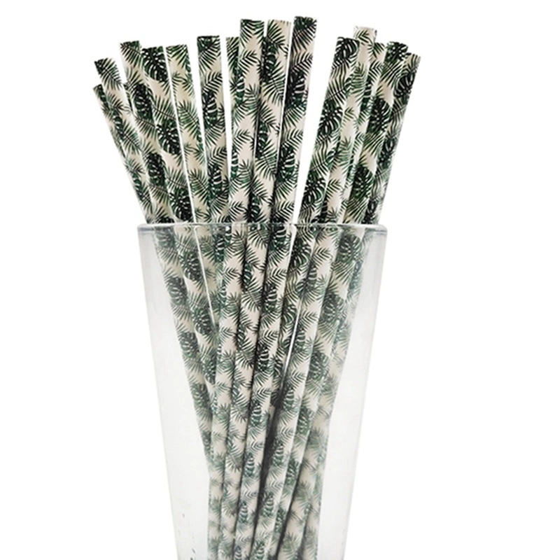 Disposable Kraft Paper Straws Eco-Friendly Green Leaves Pattern Drinking Straws for Party Decor Drinkware Supplies