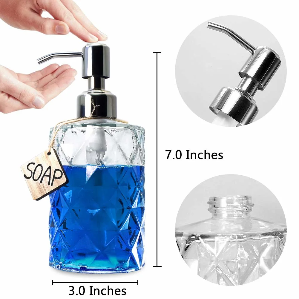 Diamond Design Glass Soap Dispenser with Pump, Bathroom Soap Dispenser for Hand Soap, Soap, Lotion