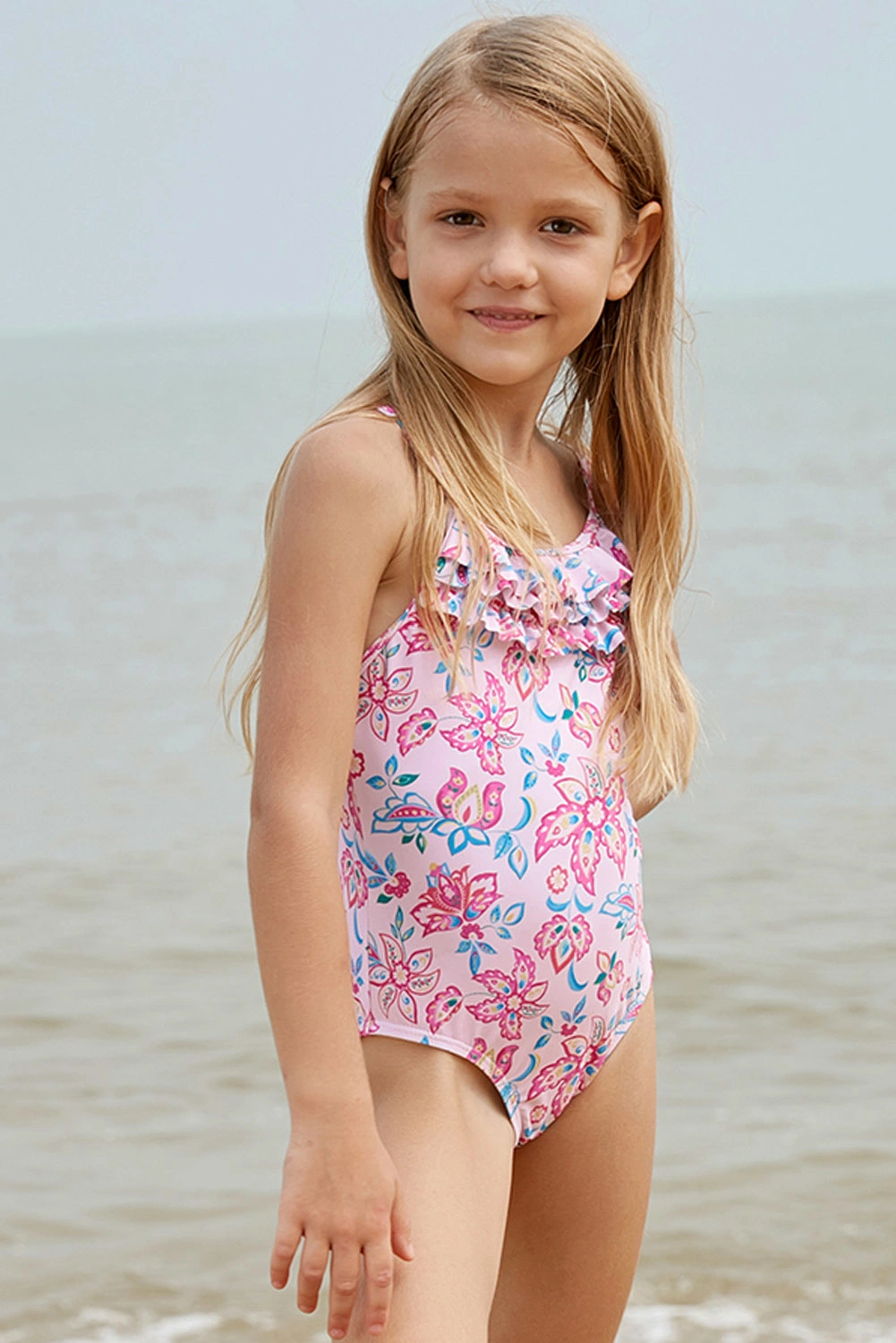 Pink Paisley Print Little Girl Maillot Swimsuit with Ruffle