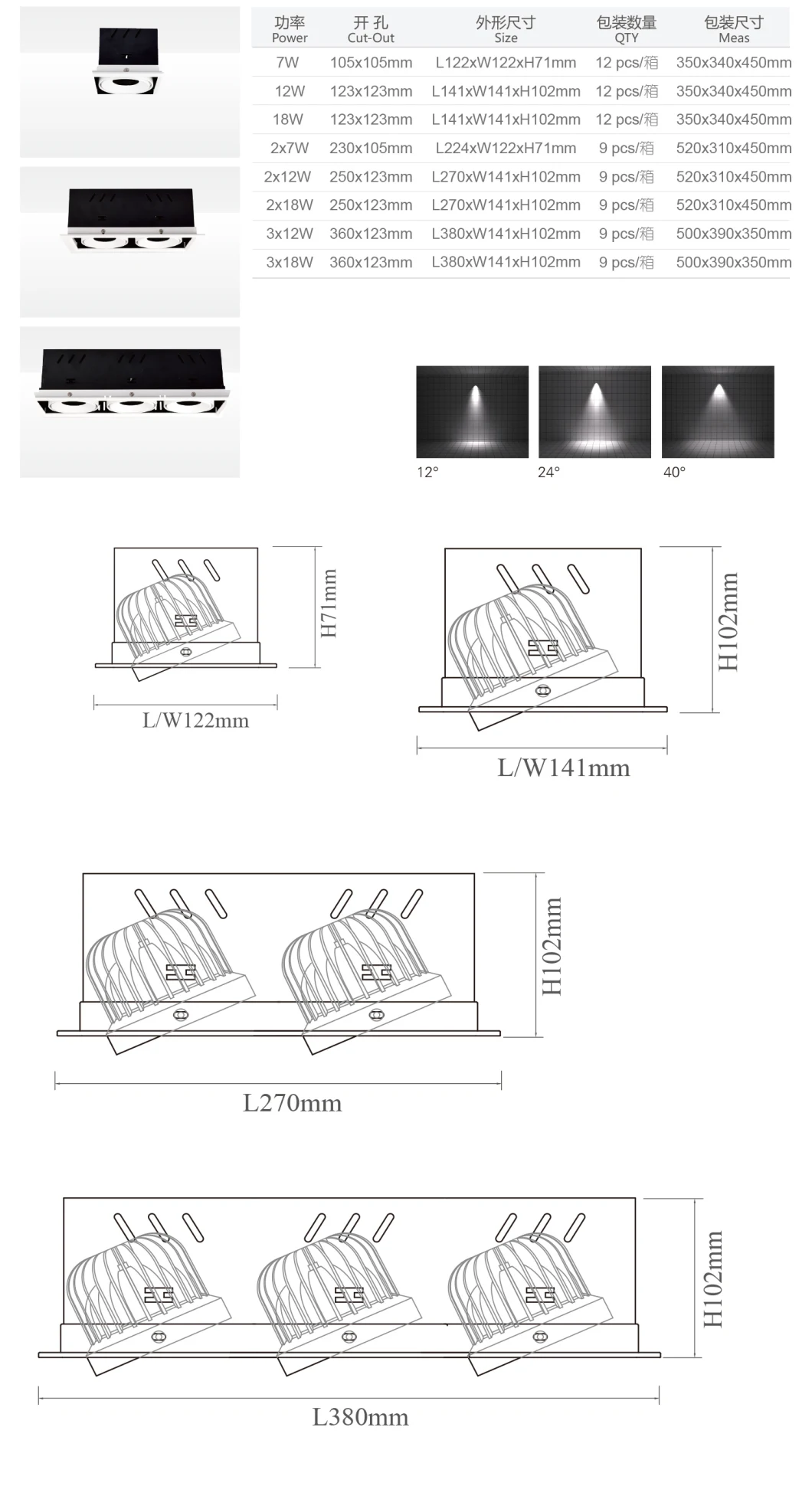 Commercial Indoor LED Ceiling Light 7W 12W 18W Square Adjustable Recessed COB Ceiling LED Spot Light