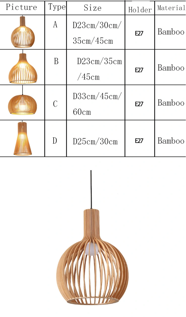 Bamboo Wood Cage Pendant Lamp Modern Home Decorative Lighting Black Braided Nordic Light for E27 Bulb