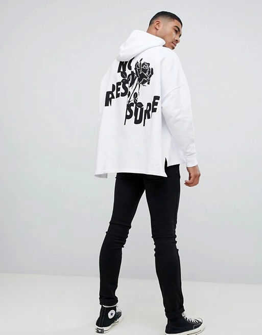 Custom Oversized Hoodie with Text and Floral Print in White Oversized Pullover Hoodie