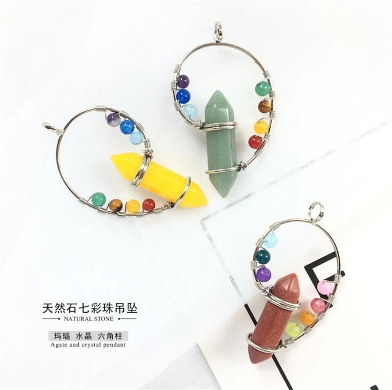 Natural Stone Seven Star Chakra Color Bead Pendant Agate Crystal Hexagonal Pillar Necklace Gem Pendant