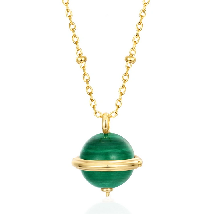 925 Sterling Silver Gold Plated Planet Pendant Custom Natural Gemstone Malachite Pendant for Women