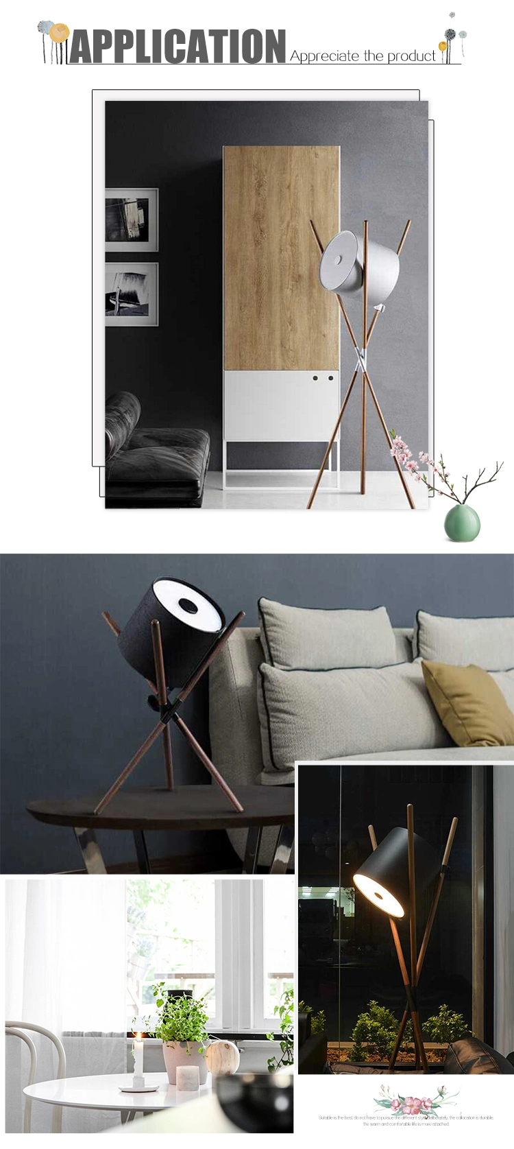 Modern Fabric Shade Floor Lamp and Wooden Tripod Fancy Stand Lamp