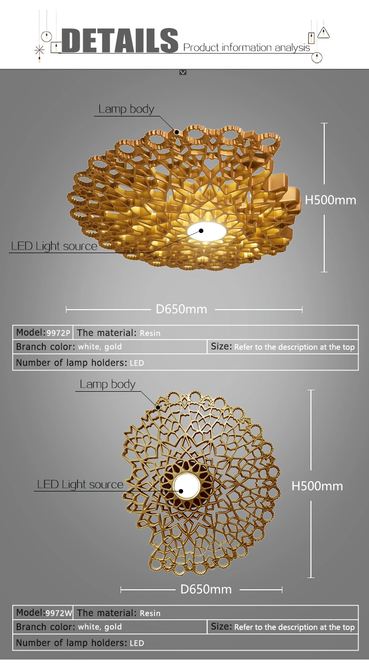 Modern Hotel Lobby Decorative Large Size Resin Gold LED Ceiling Pendant Light