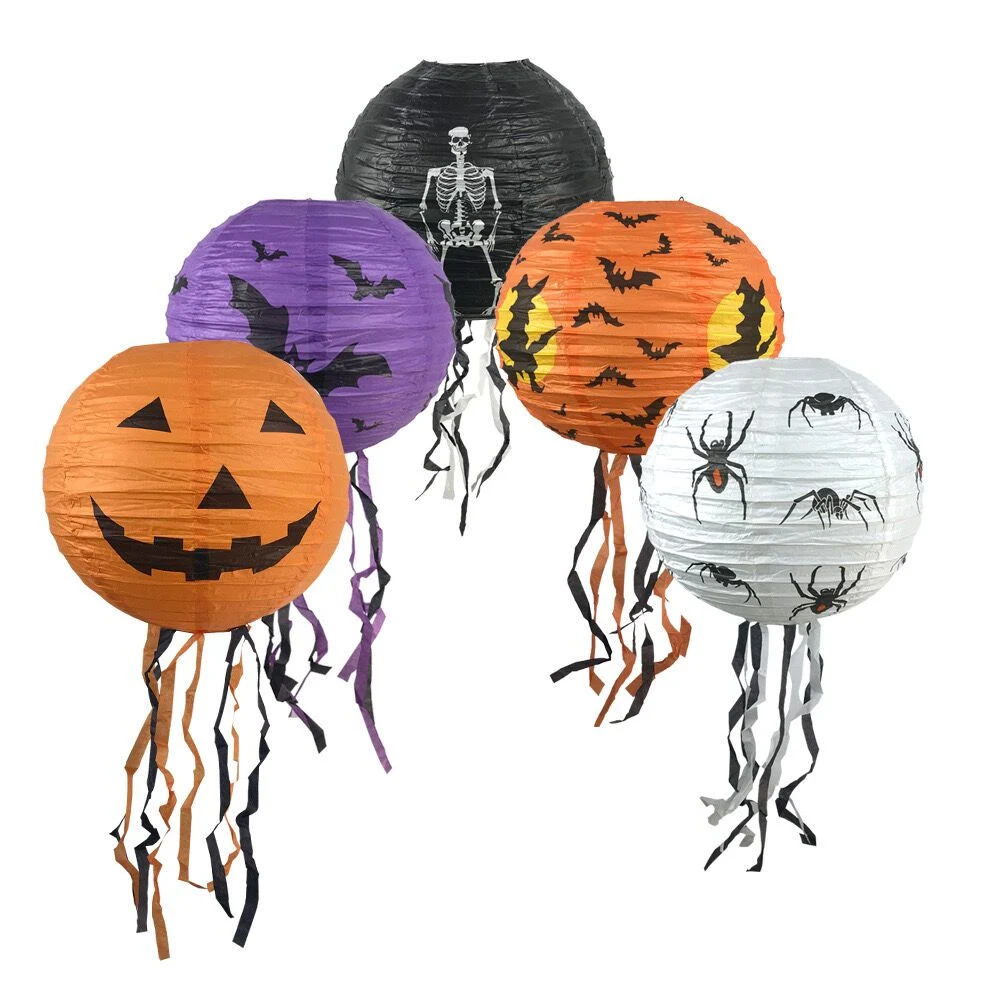 Wholesale Halloween Paper Lanterns with Its Tail Halloween Hanging Lanterns Decorative Pumpkin Lantern Spider Bat Skeleton Lantern for Halloween Party Decor