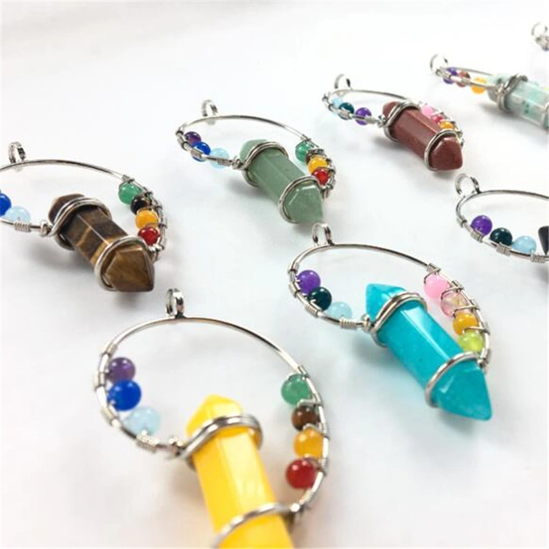 Natural Stone Seven Star Chakra Color Bead Pendant Agate Crystal Hexagonal Pillar Necklace Gem Pendant