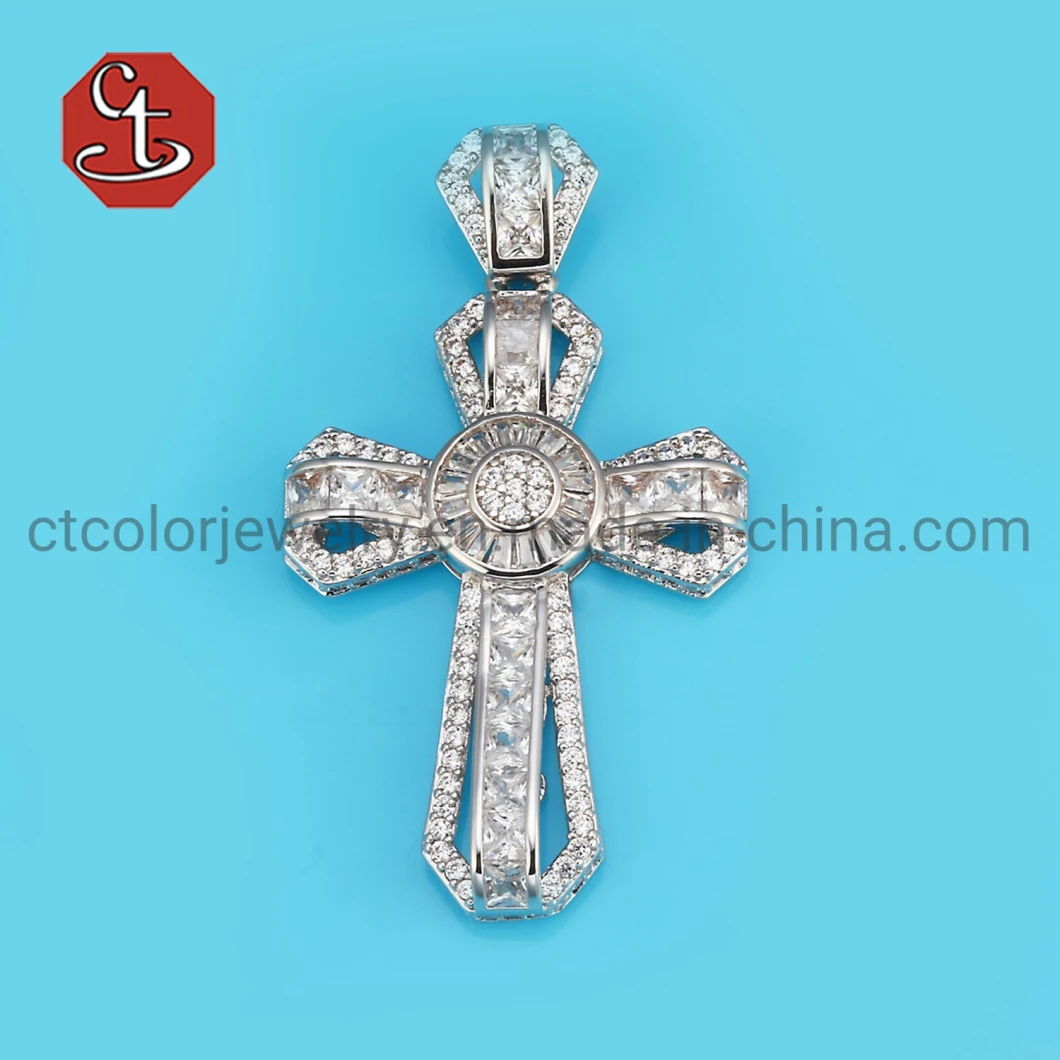 Luxury Big Cross Pendants Zircon CZ 925 Sterling Silver Pendants with Necklace for Men Jewelry