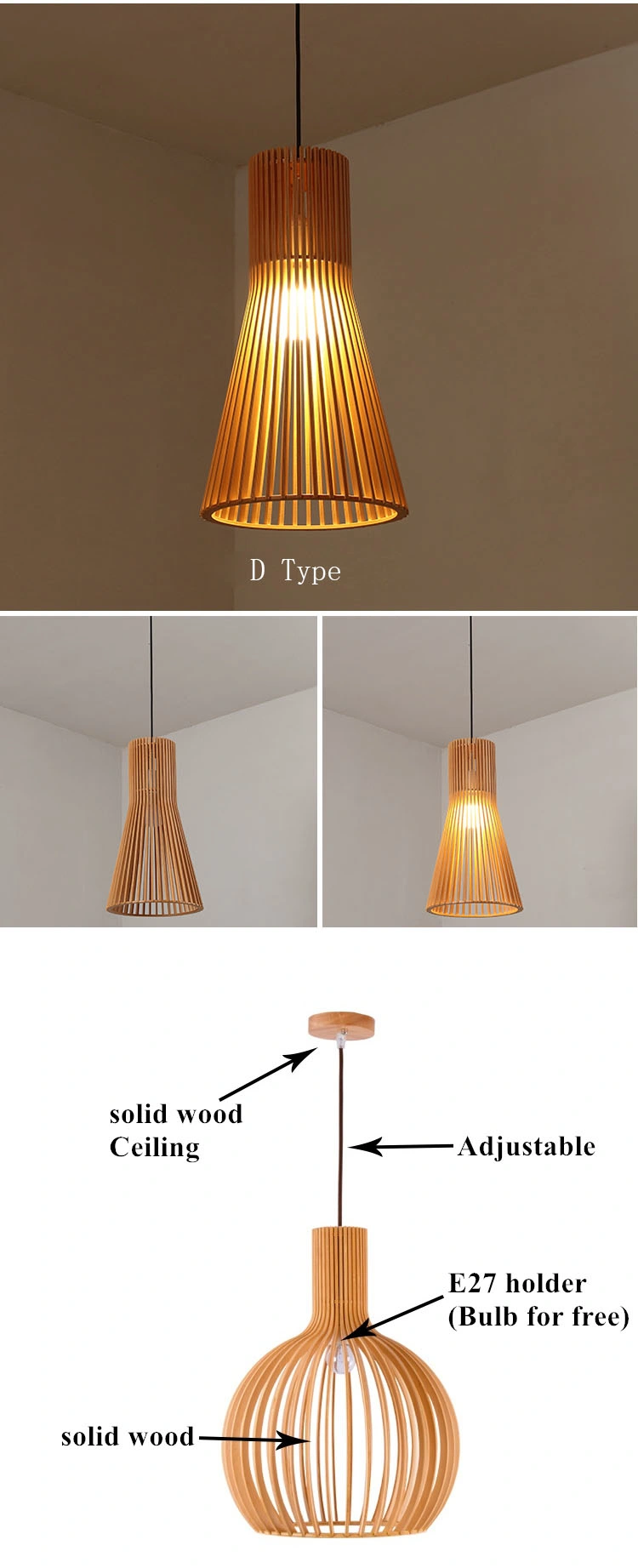 Bamboo Wood Cage Pendant Lamp Modern Home Decorative Lighting Black Braided Nordic Light for E27 Bulb