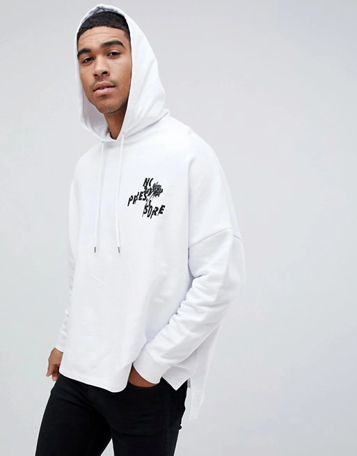 Custom Oversized Hoodie with Text and Floral Print in White Oversized Pullover Hoodie