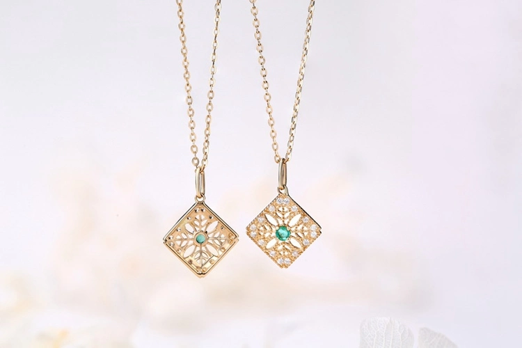 Good Quality 14K Gold Pendant Jewelry Women Natural Emerald Square Necklace Pendant