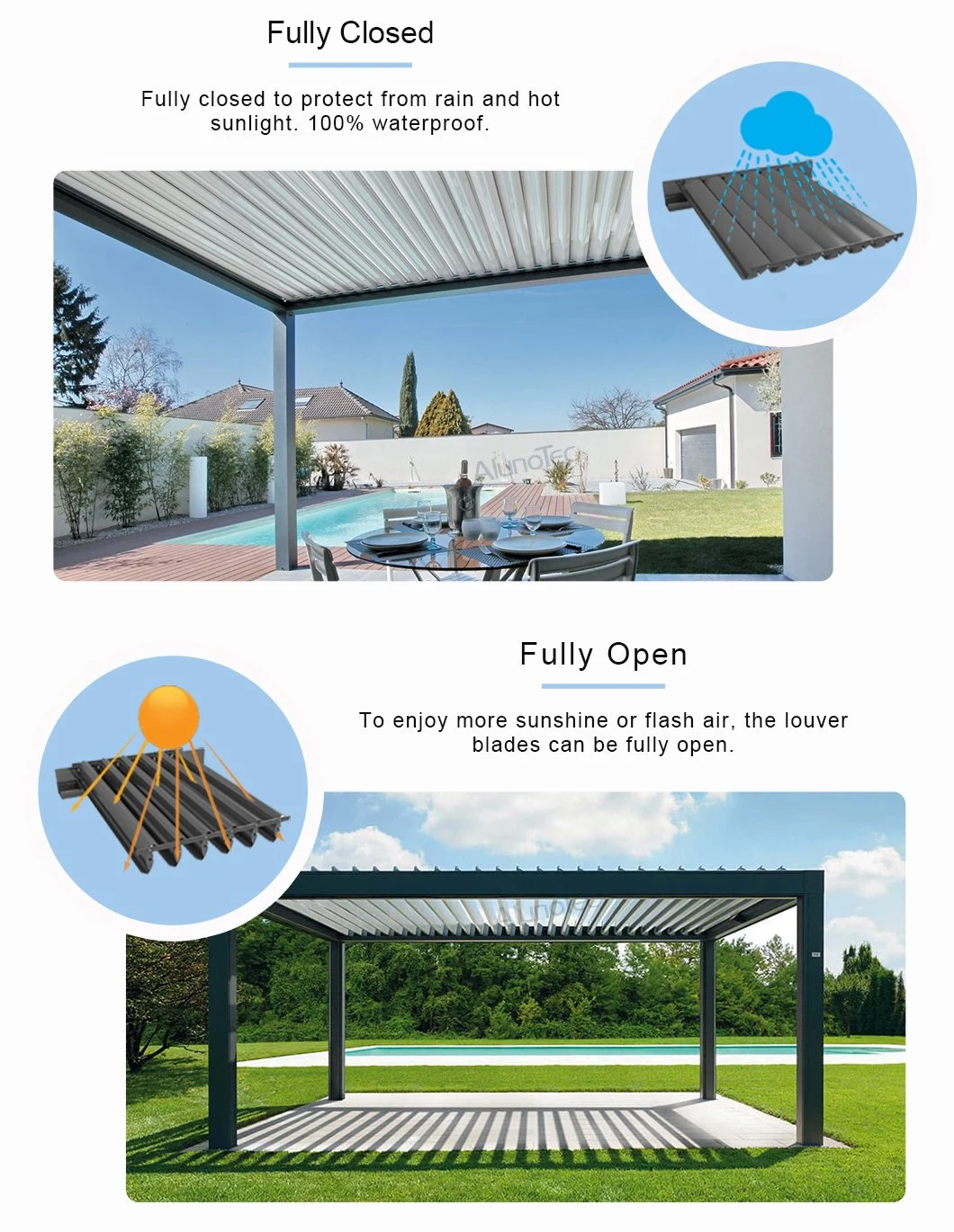 Wall Hanging Motorized Pergola Aluminium Outdoor with LED Lights