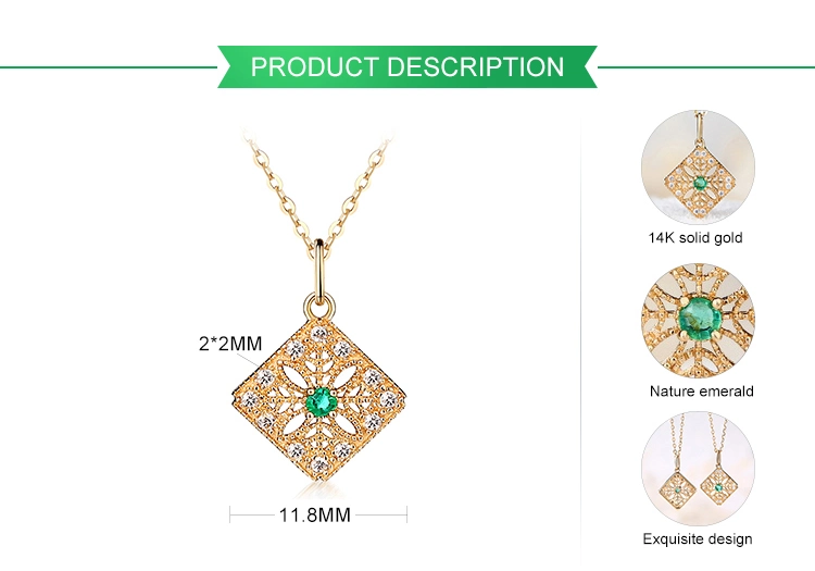 Good Quality 14K Gold Pendant Jewelry Women Natural Emerald Square Necklace Pendant