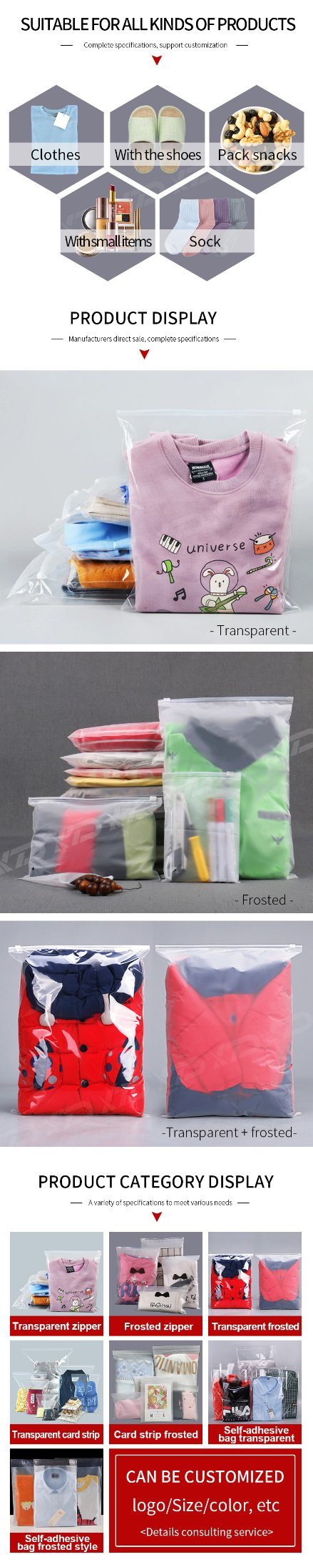 Wholesale Reclosable Ziplock Storage Plastic Bag PE Custom Pouch with Zipper