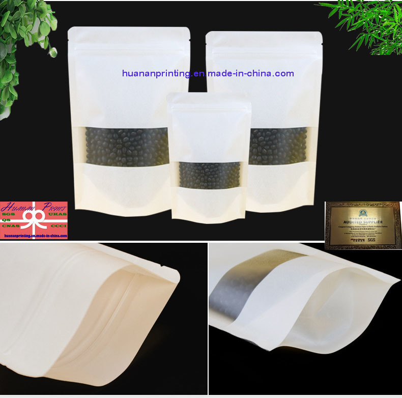 White Kraft Paper Stand up Zipper Bags with Rectangle Window