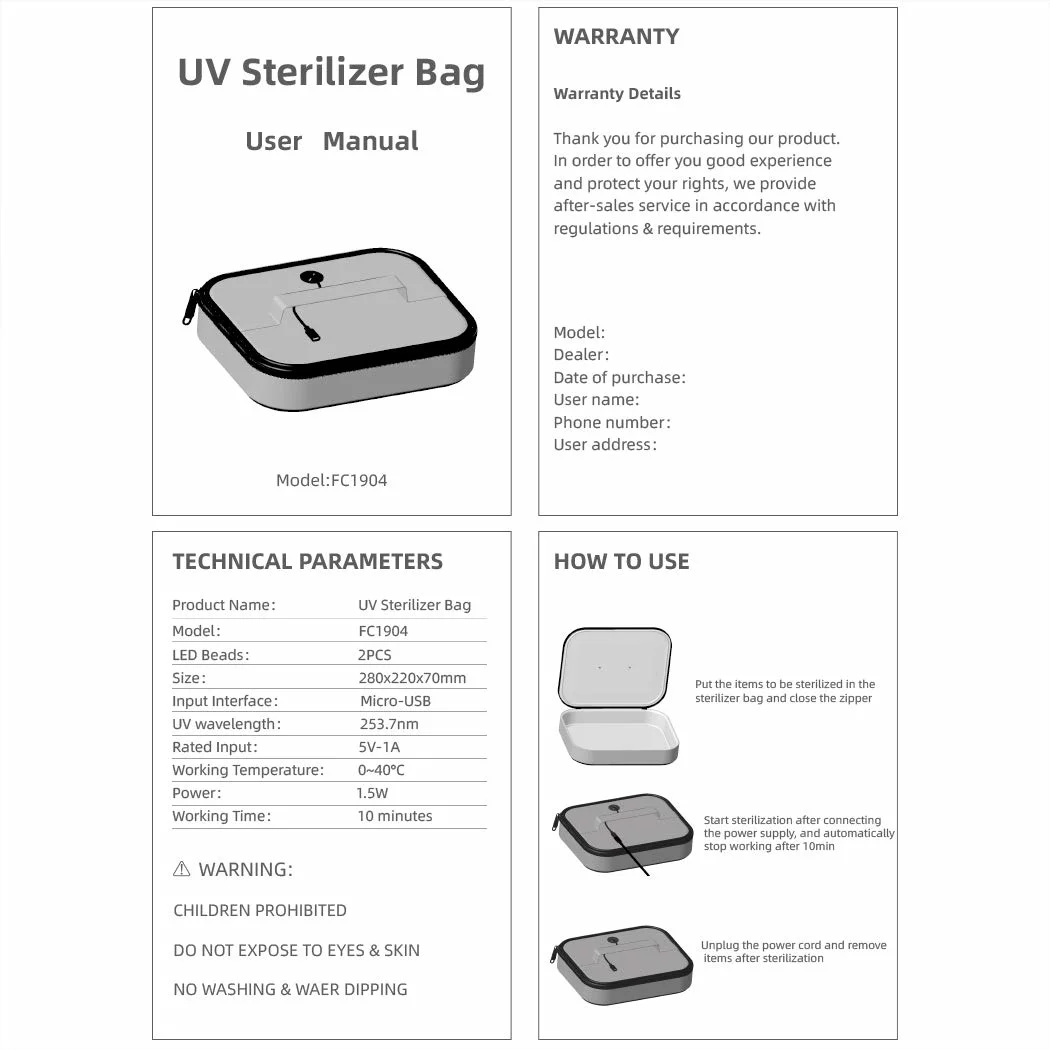 Household Portable UVC LED Disinfection Light Lamp UV Sterilizer Bag LED Sterilizer Bags