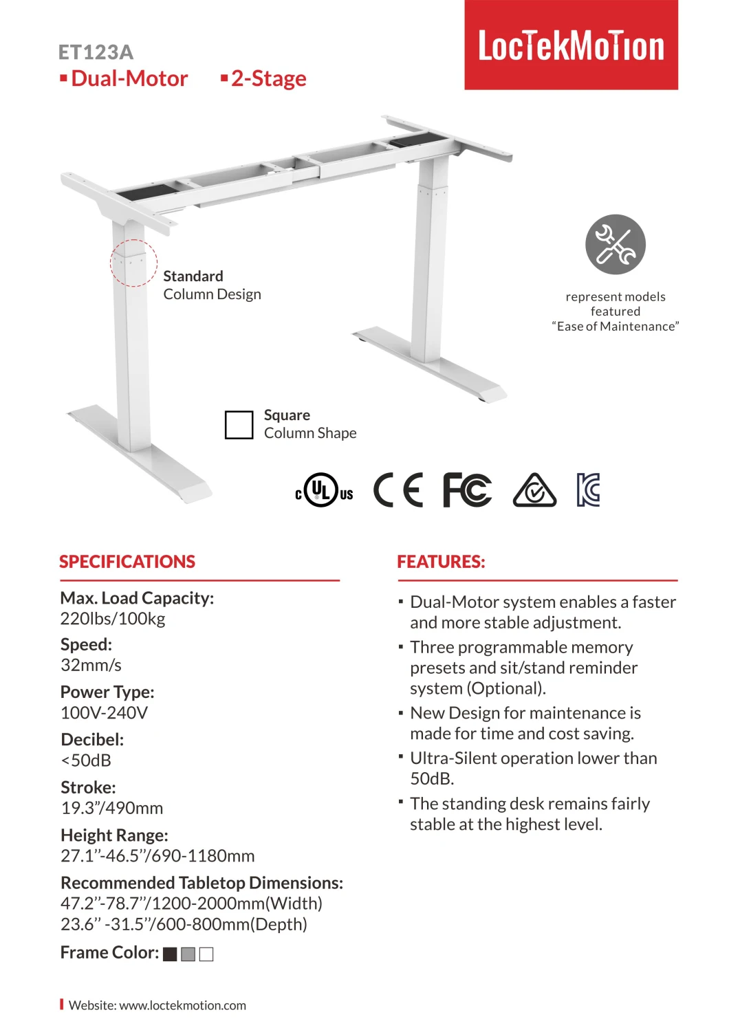 Et123e Dual Motor Square Leg Height Adjustable Desk Frame