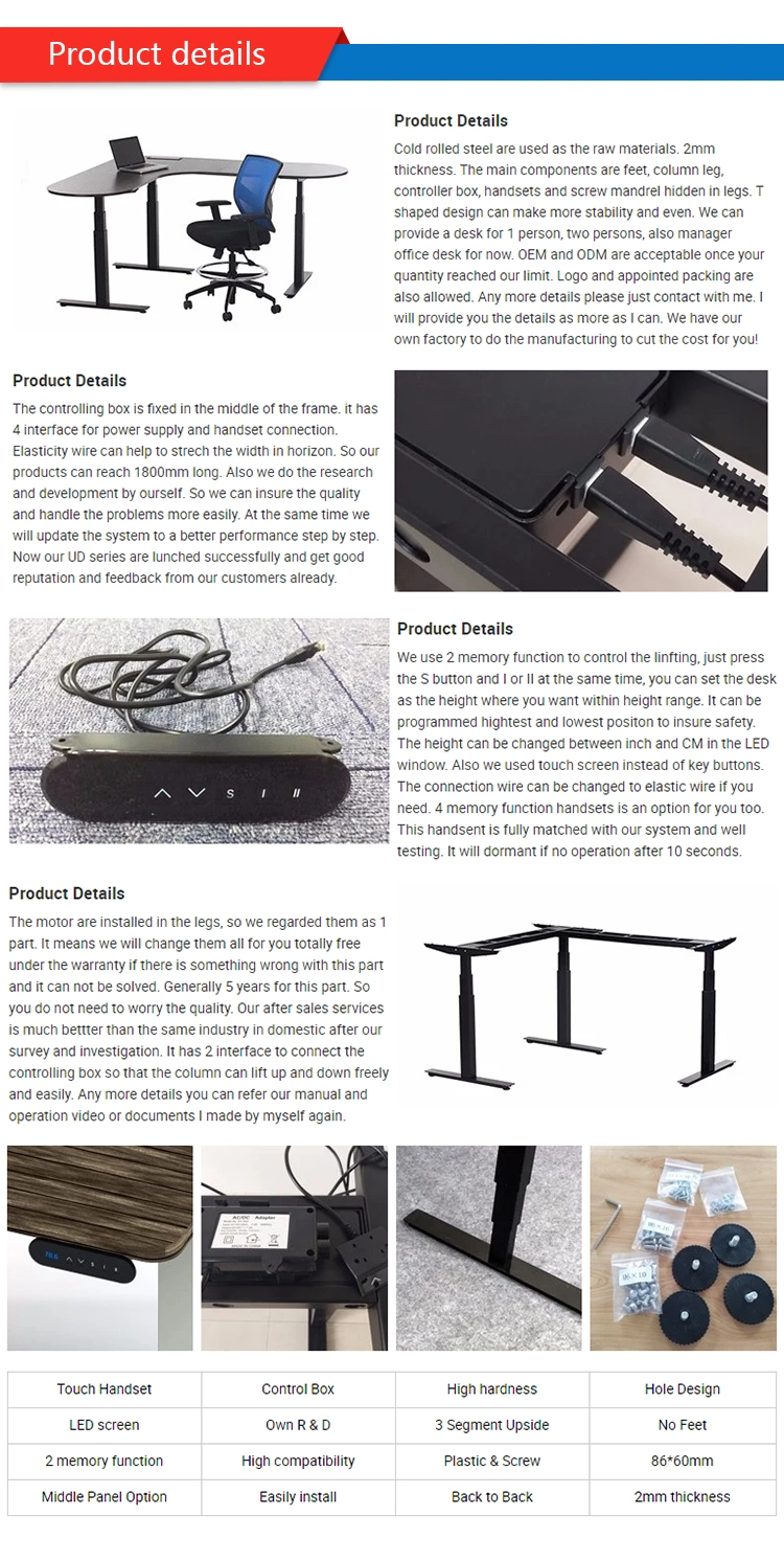 Electric Height Adjustable Desk 3 Leg L Shape Office Desk