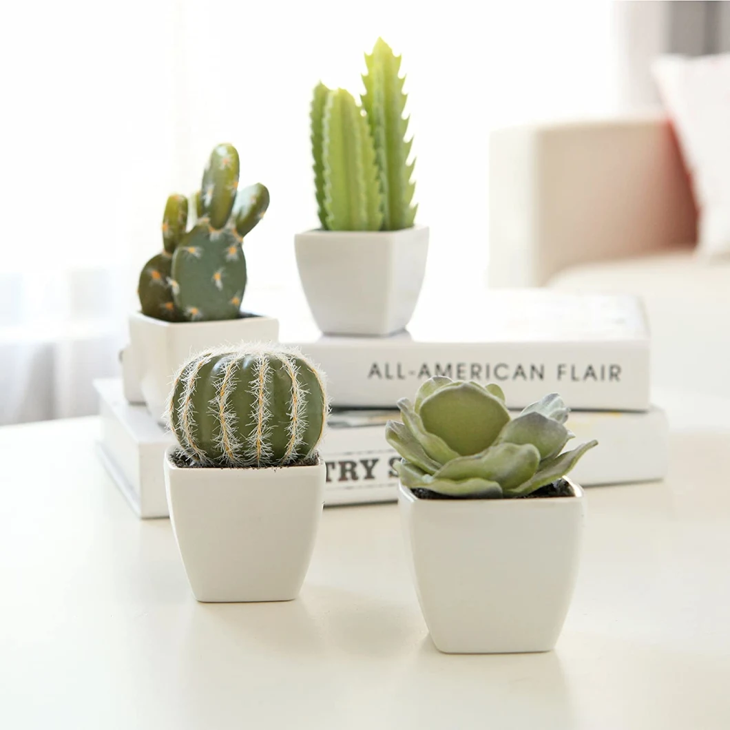 Home Decoration or Gift Artificial Plant Mini Succulent & Cactus Plants in White Cube-Shaped Pots Series