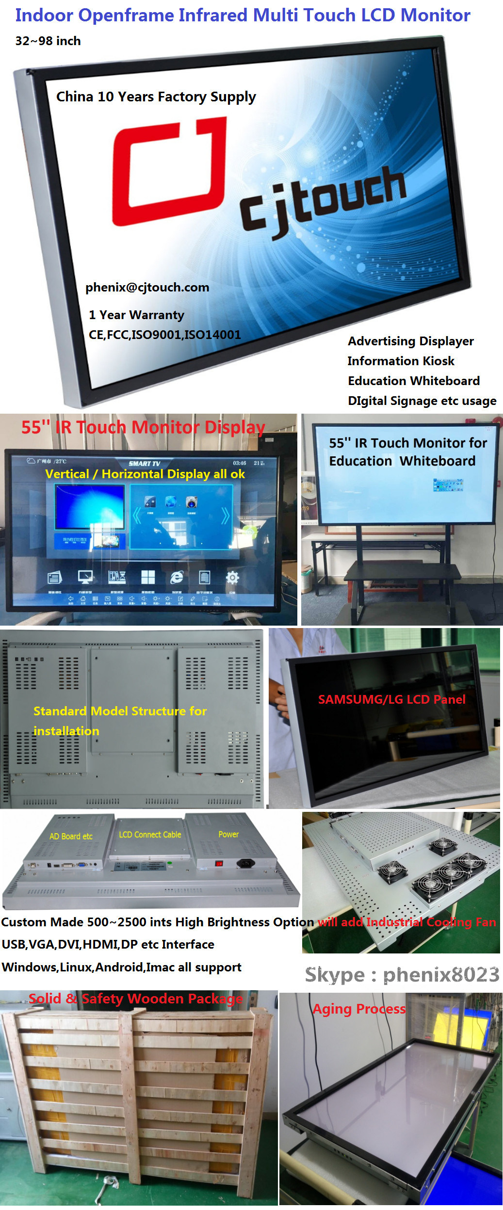 Multitouch Capacitive Glass 65inch Industrial Wall Openframe Outdoor IP66 Advertising Player Floor Standing LED Signage Monitors