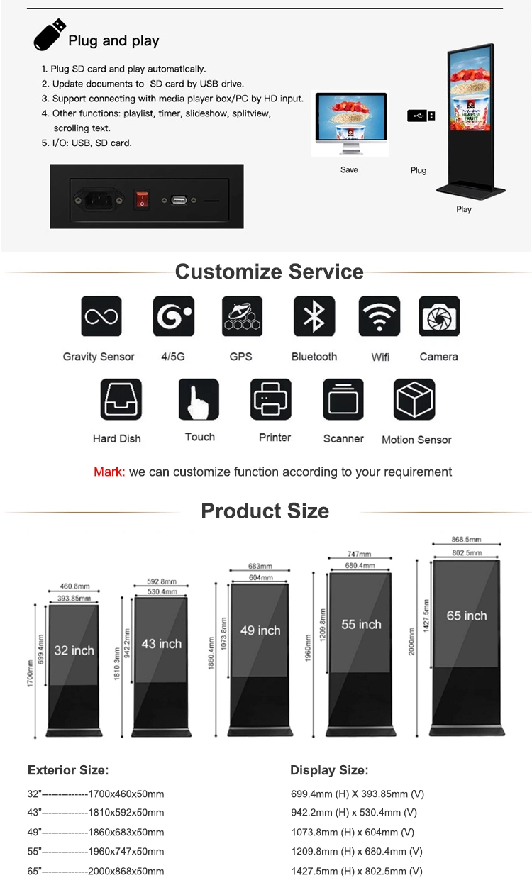 Floor Stand Digital Signage Player Big LED Screen Vertical LCD Advertising TV for Shopping Mall