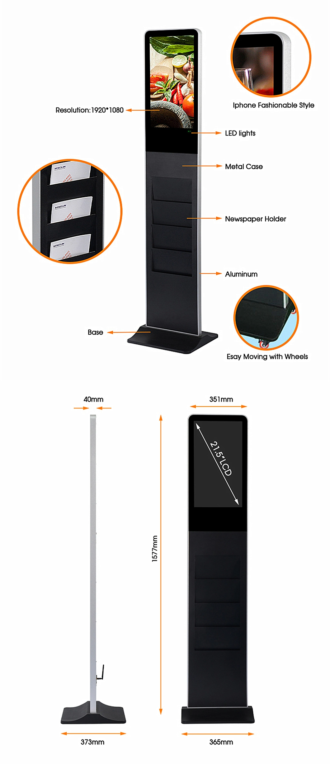 Indoor Digital Signage Advertising Display Brochure Holder 32 Inch Mobile Advertising 32