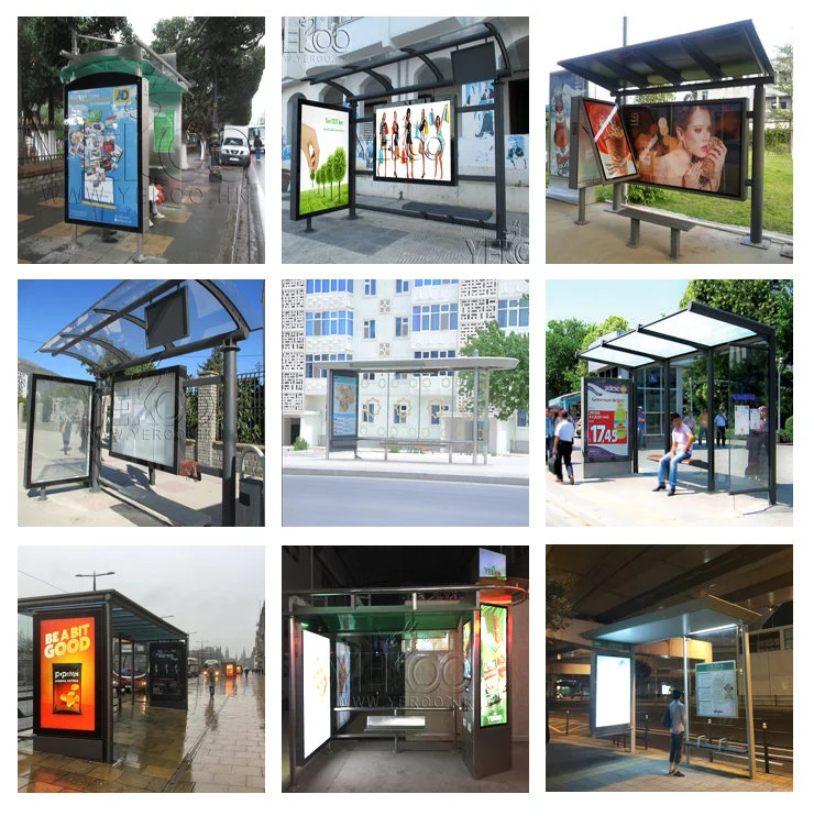 Outdoor Advertising Metal Bus Stop Shelter with Advertising Bench