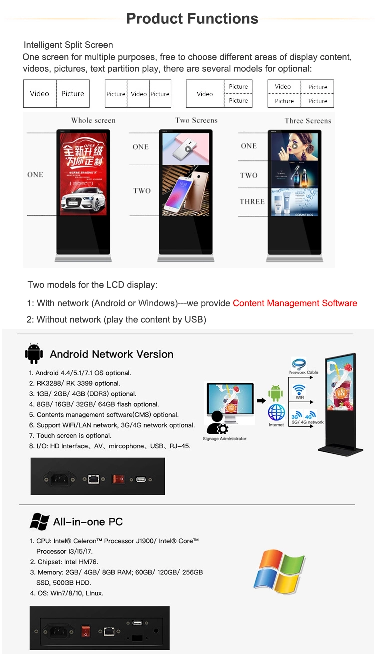 Floor Stand Digital Signage Player Big LED Screen Vertical LCD Advertising TV for Shopping Mall