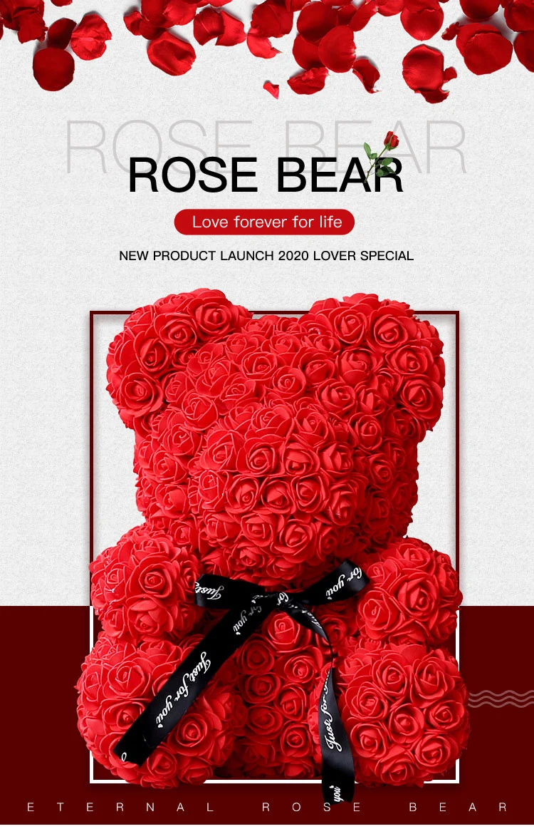 Wholesale Artificial Custom Flower Teedy Bear Rose Foam/PE 40cm Box Valentines Day Rose Teddy Bear