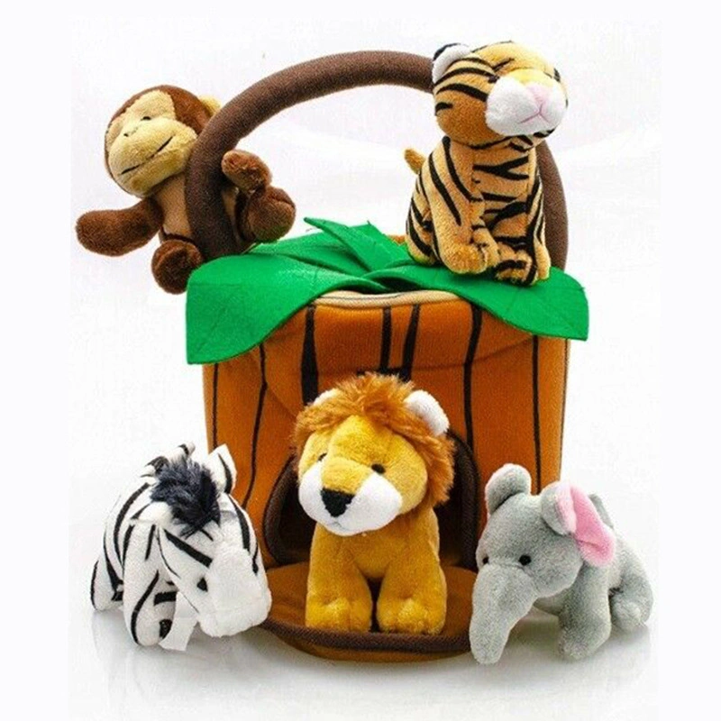 2021 Hot Sale Pet Animal Plush Tiger/Lion/Monkey/Elephant/Zebra Stuffed Toys Plush Hide and Seek Basket Plush Cat Chew Toy