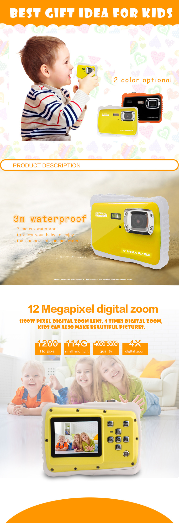 Christmas Gift for Kids Anti-Fall 3m Waterproof Children's Cameras Digital