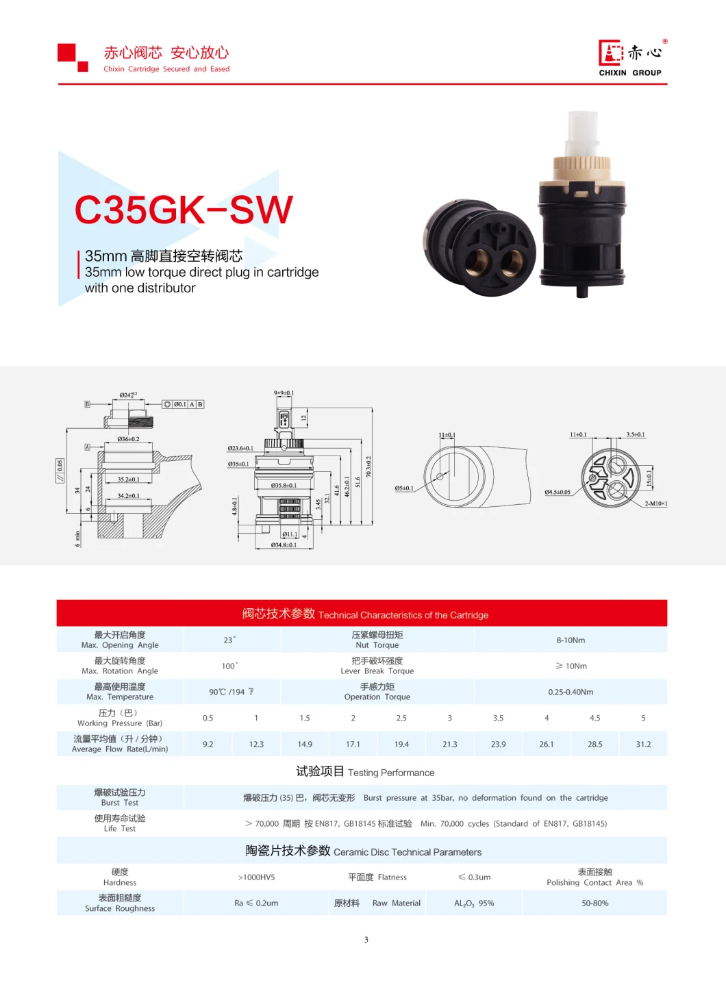 35mm Idling Faucet Cartridge Connect Pipe Direct Plug in Ceramic Cartridge (C35GK-SW)