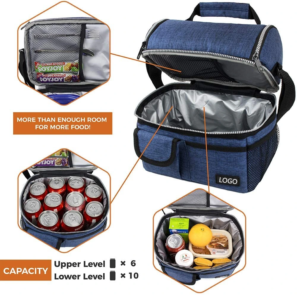 Insulated Dual Compartment Lunch Bag Lunch Box Cooler with Shoulder Strap, Medium Lunch Pail for School, Work, Office.