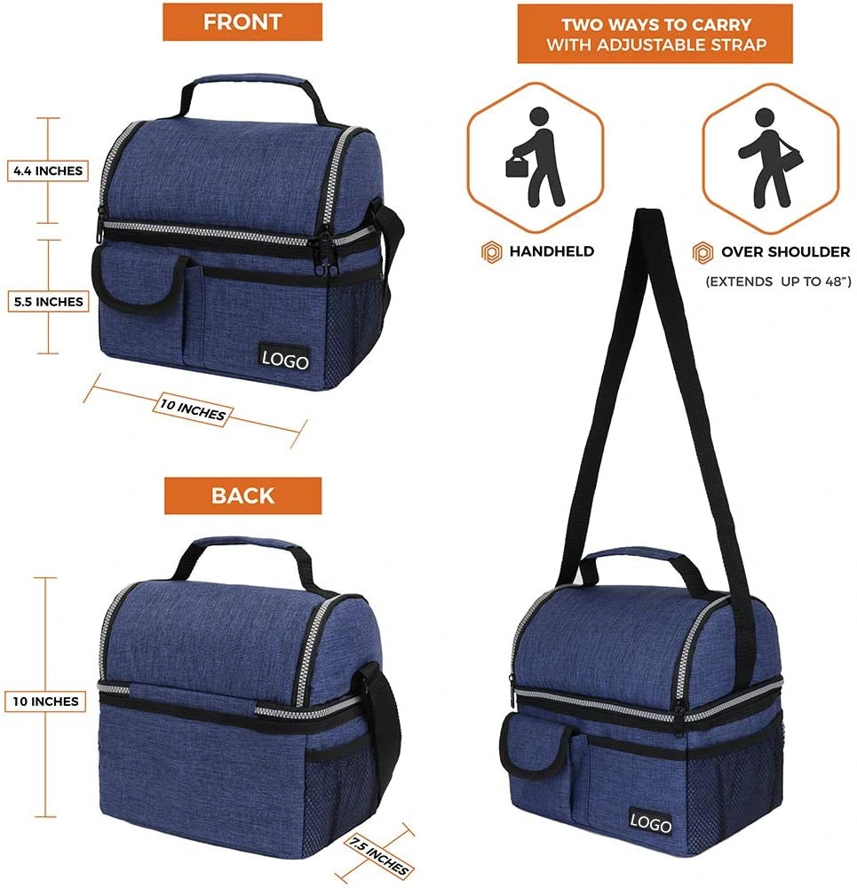 Insulated Dual Compartment Lunch Bag Lunch Box Cooler with Shoulder Strap, Medium Lunch Pail for School, Work, Office.