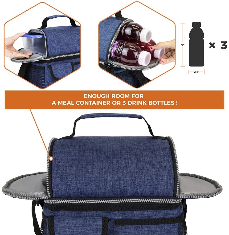 Insulated Dual Compartment Lunch Bag Lunch Box Cooler with Shoulder Strap, Medium Lunch Pail for School, Work, Office.