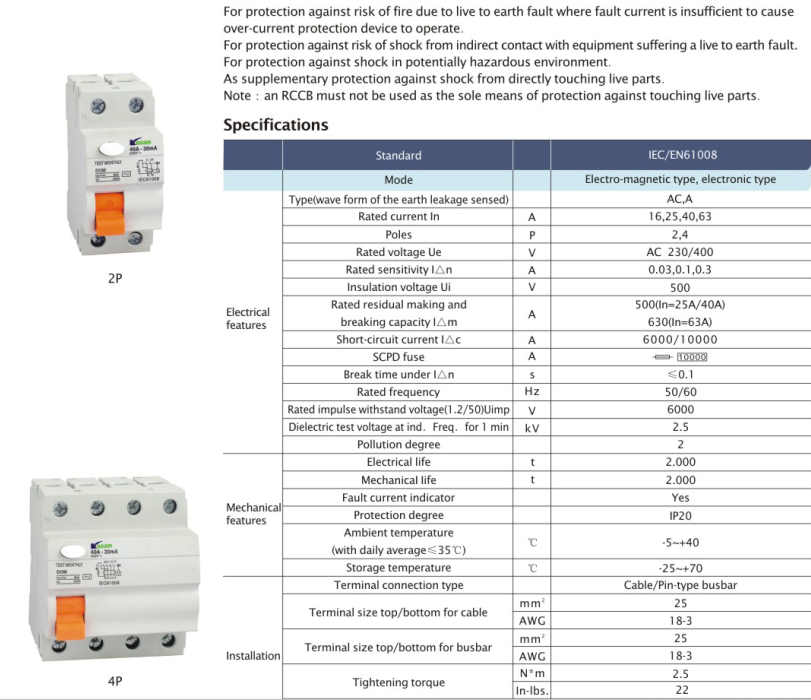 E9 10ka 2 Pole 4 Pole Circuit Breaker RCD 30mA 100mA 300mA RCCB Circuit Breaker