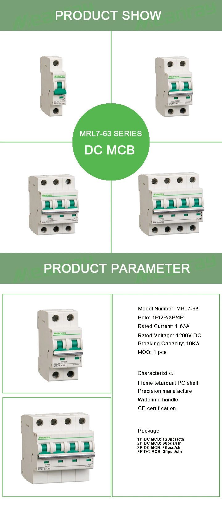 Meanray Single Phase Types Circuit Protector 250V Mini Circuit Breaker Switch DC MCB 63A
