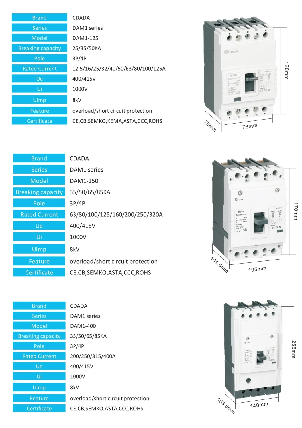 Intelligent Type MCCB Dam1-800 Electronic 3 Phase