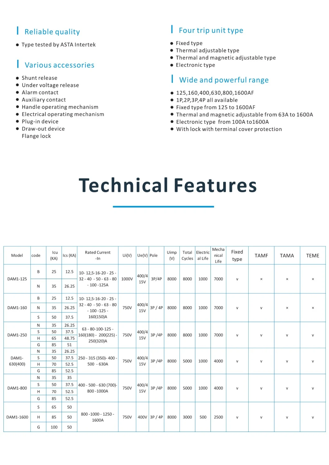 Intelligent Type MCCB Dam1-800 Electronic 3 Phase