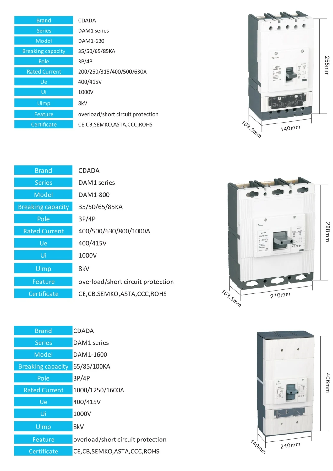 Intelligent Type MCCB Dam1-800 Electronic 3 Phase